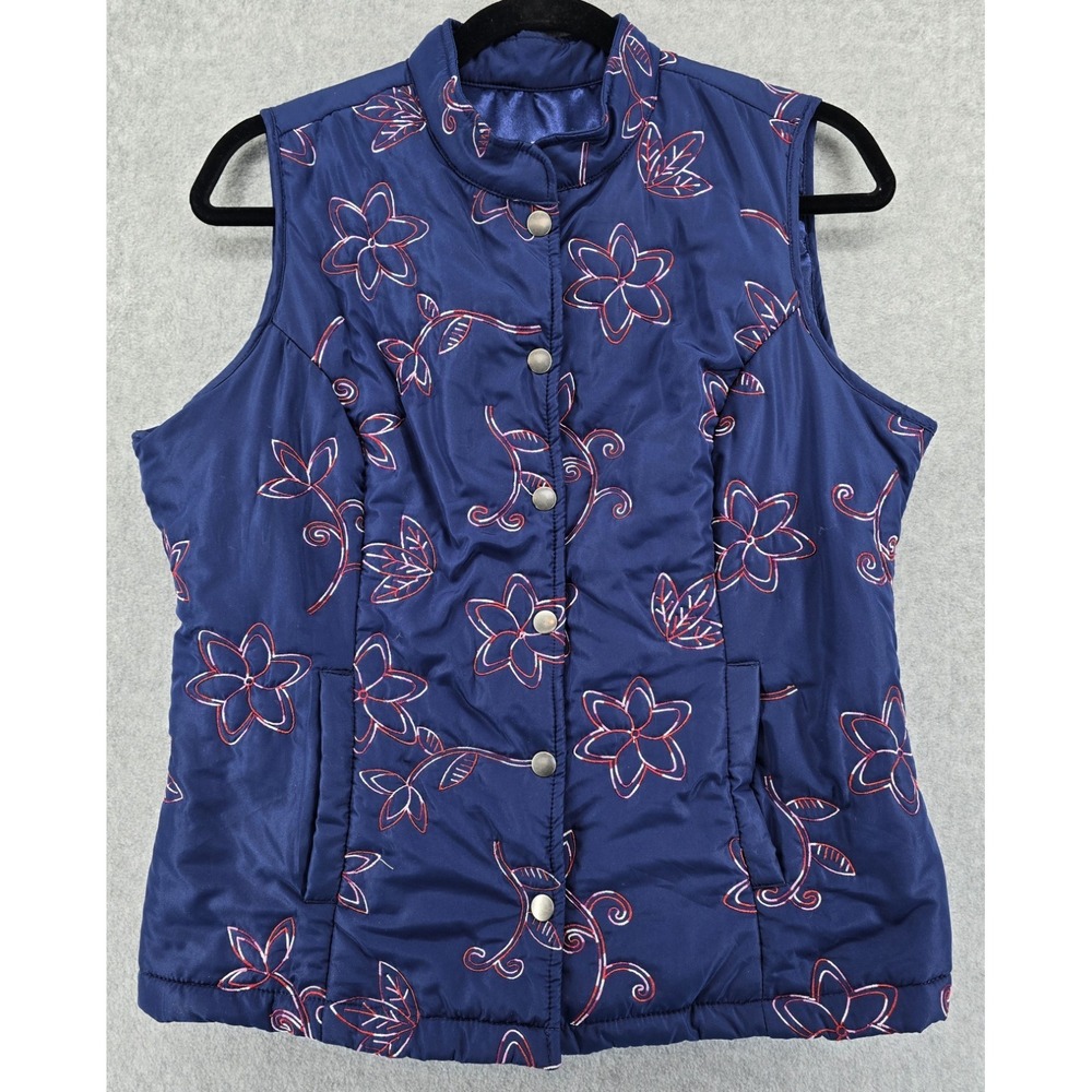 Norm Thompson Softshell Vest‎ Womens M Blue Embroidered Flowers Snap Gorpcore